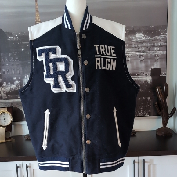 True Religion Black/ White Varsity Bomber Jacket Vest,Size 2XL. - Picture 1 of 16